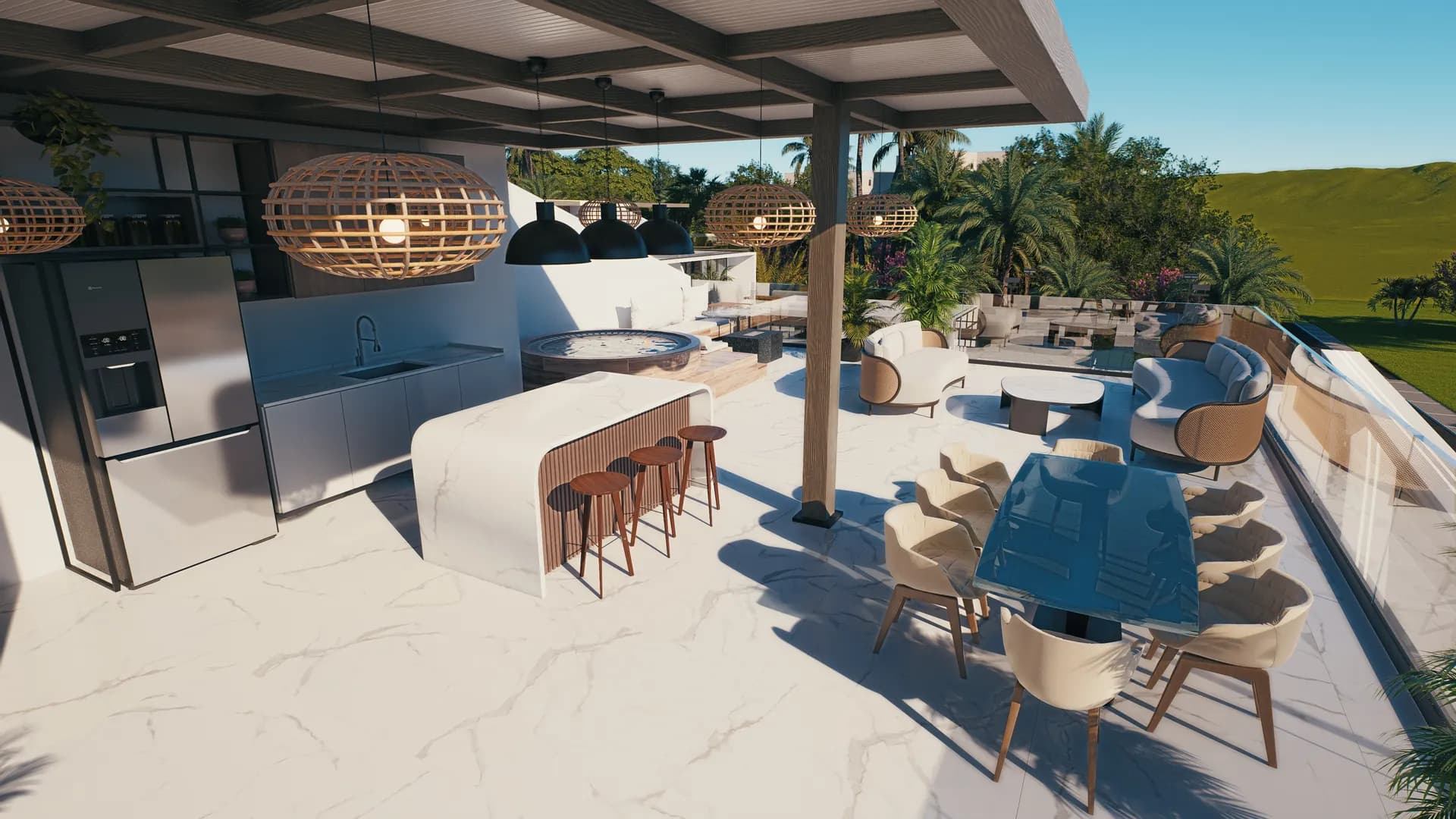 Tipo A — BBQ, bar, jacuzzi y área de descanso